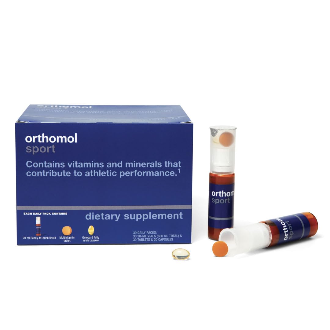 Orthomol Sport bottle front view highlights a complete vitamin blend for active users.