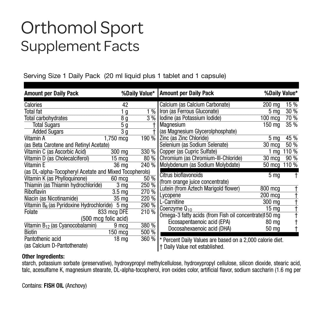 Orthomol Sport label close-up showing key ingredients and German quality.