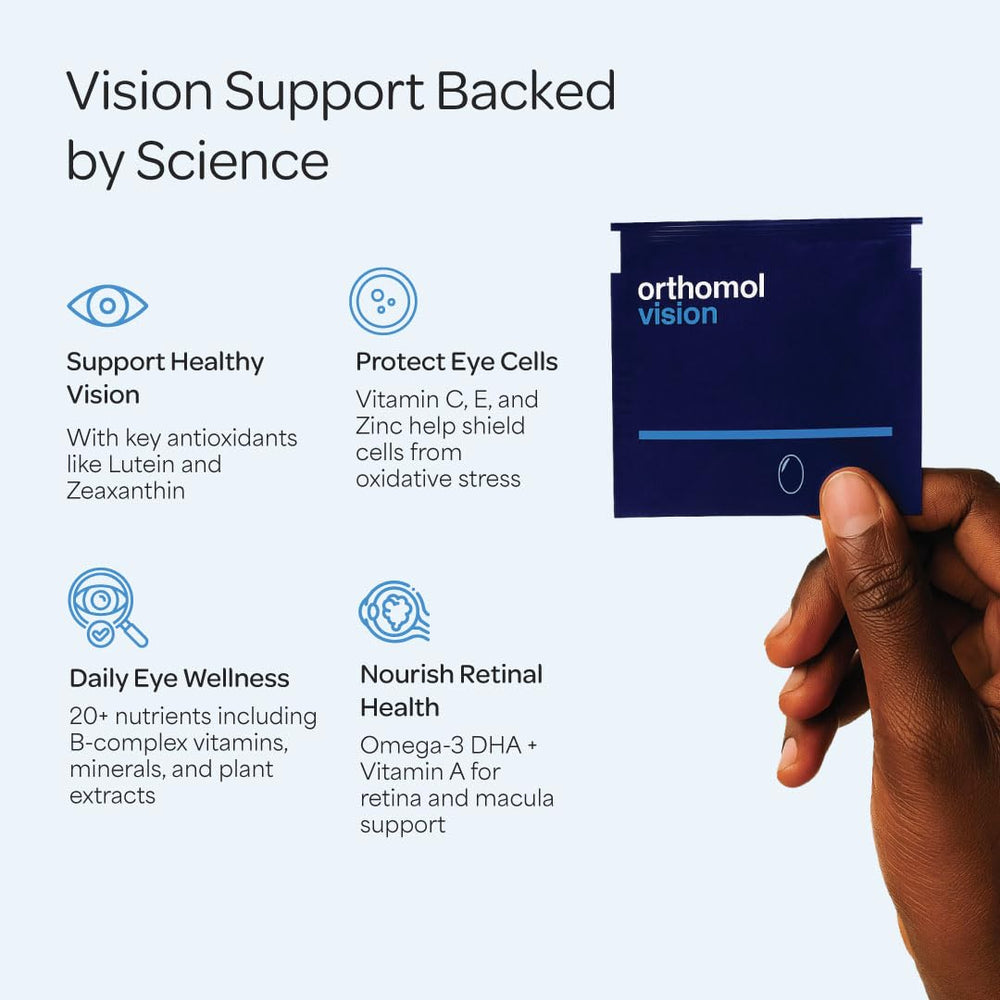 Orthomol Vision packaging front highlighting a 30-day eye health regimen