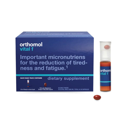 Orthomol Vital F daily pack front shows the women’s multivitamin routine.