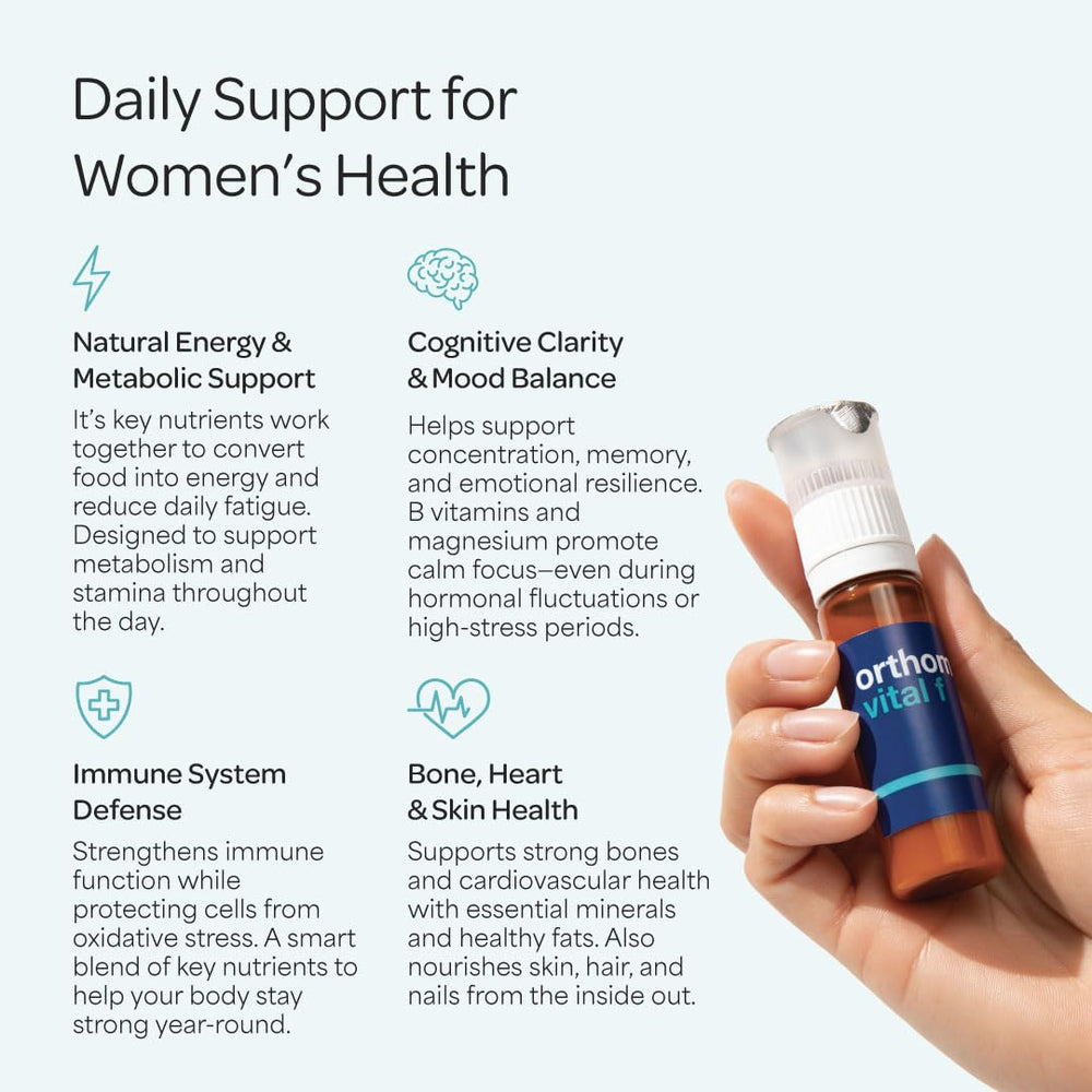 Close-up of Orthomol Vital F vitamins and minerals tablets.
