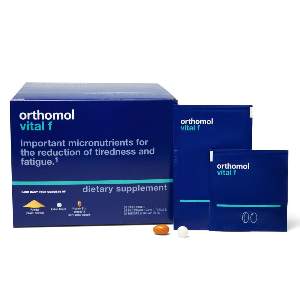 Orthomol Vital F powder bottle for daily energy and wellness in women