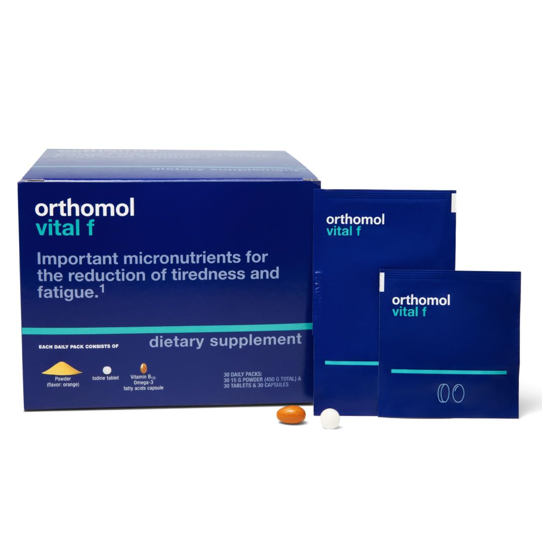 Orthomol Vital F powder bottle for daily energy and wellness in women