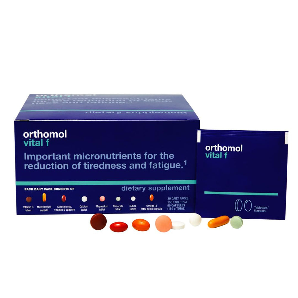 Orthomol Vital F bottle close-up for daily energy support.