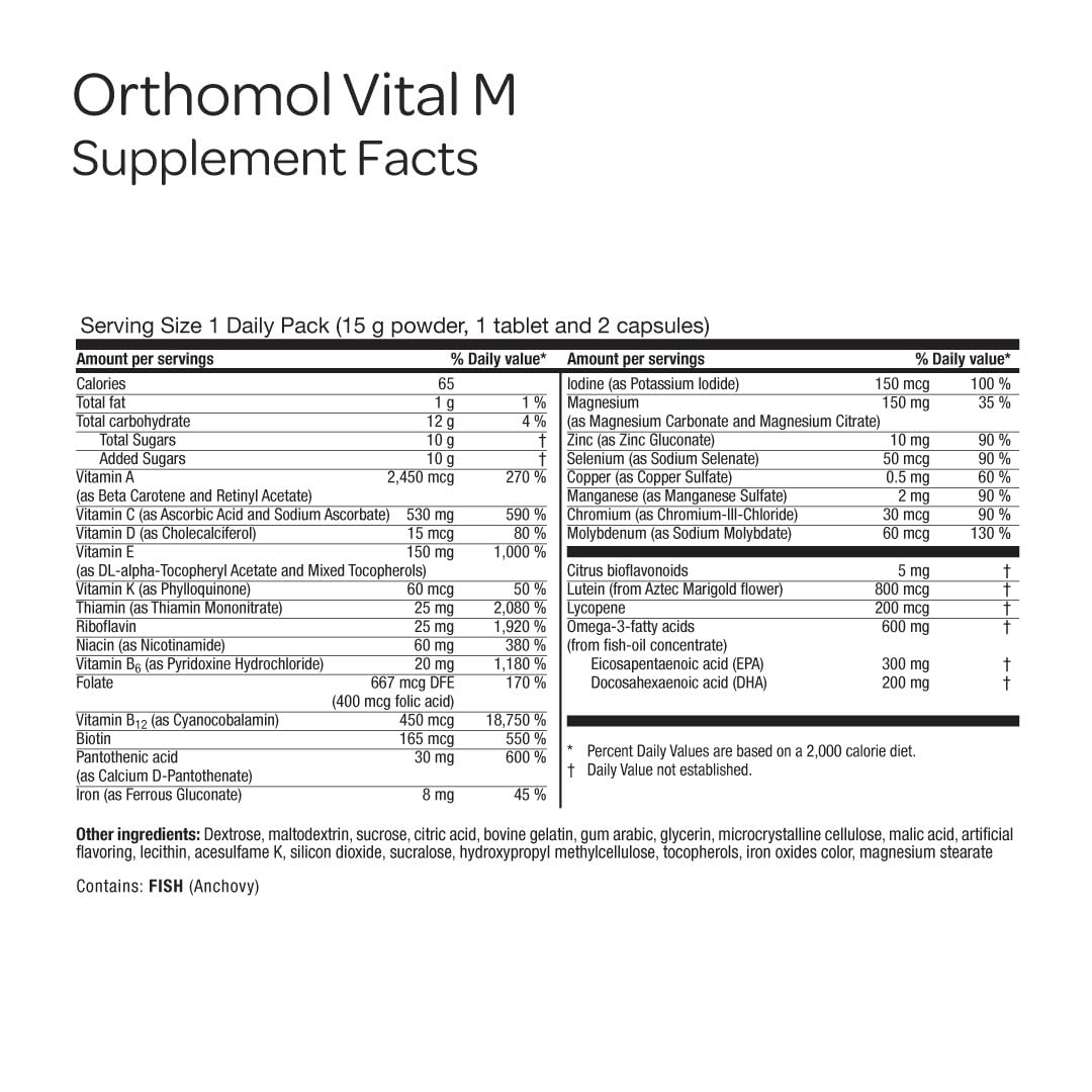 Orthomol Vital M daily-use routine with powder and tablets.