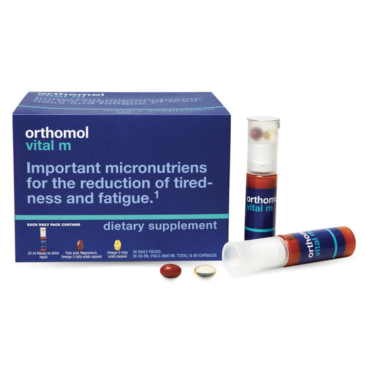 Orthomol Vital M liquid omega-3 in daily pack supports energy and immune wellness.