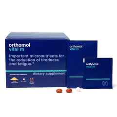Orthomol Vital M powder sachets for daily energy support in men.