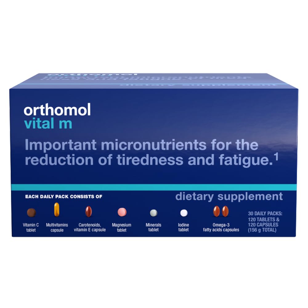 Orthomol Vital M tablet packets for a 30-day men's multivitamin routine supporting daily energy