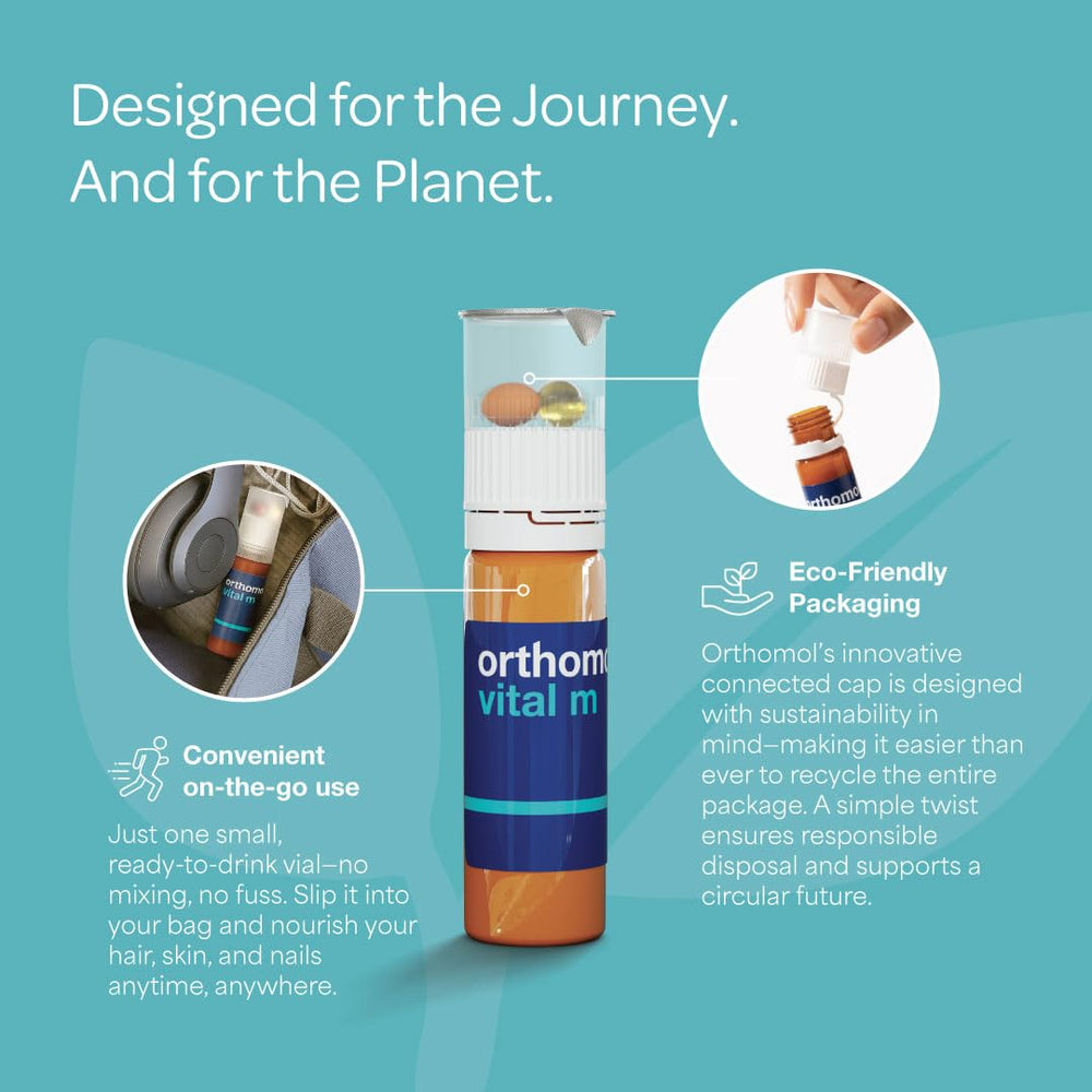 Orthomol Vital M wellness scene suggests daily routine and resilience.
