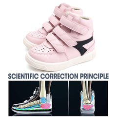 Orthopop kids' shoes heel-lock Velcro closeup shows secure fit.