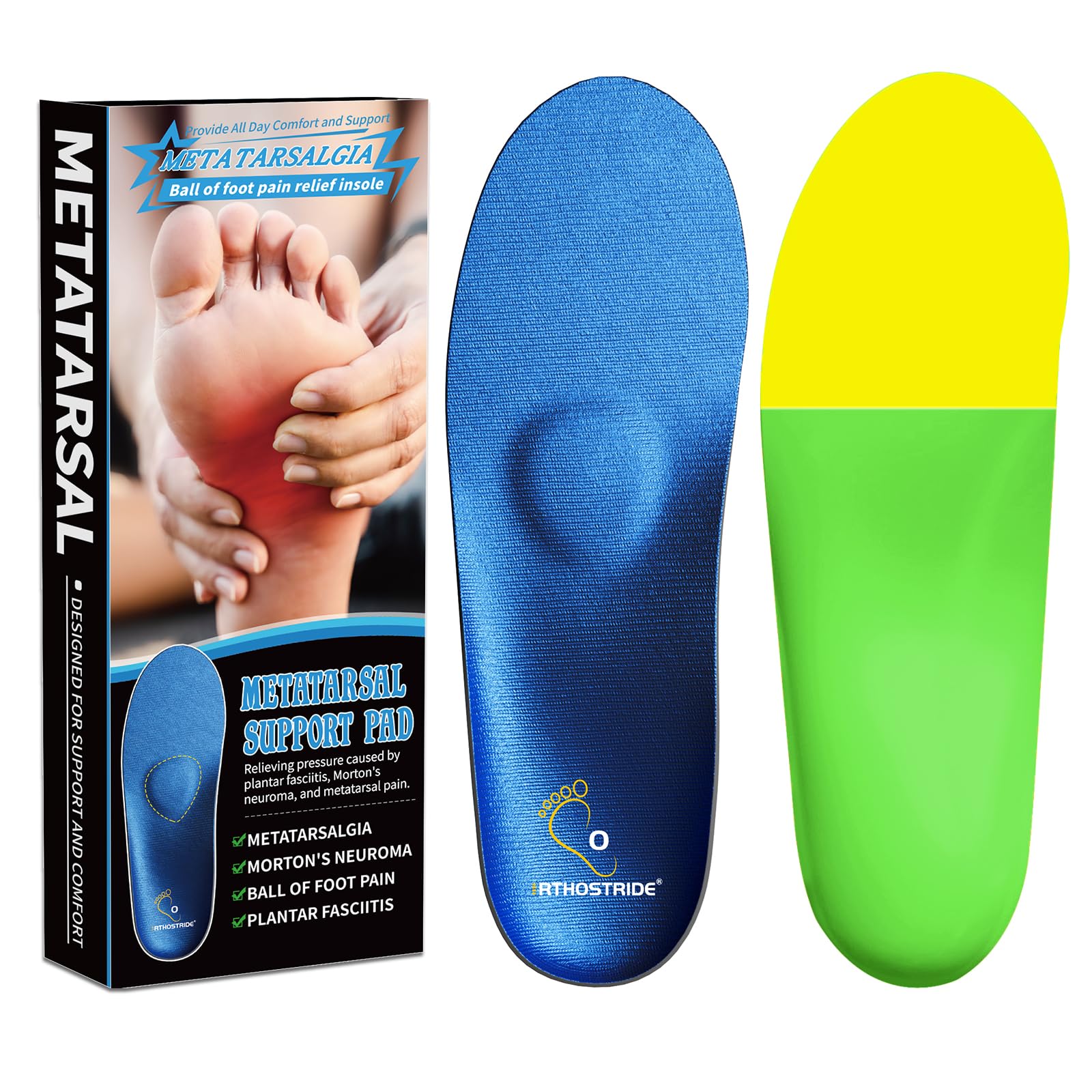 Orthostride metatarsalgia insole with forefoot pad provides targeted forefoot relief during daily wear.