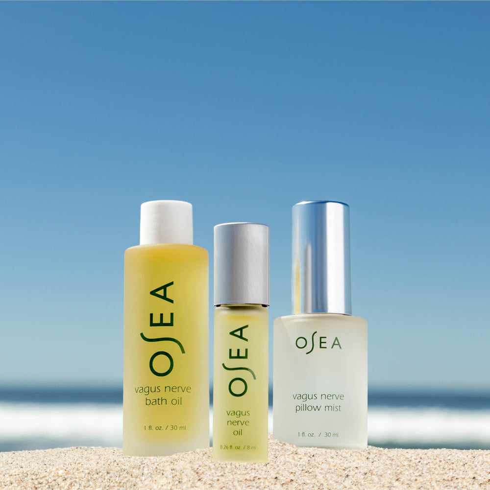 OSEA Vagus Nerve Bath Oil bottle shot highlighting spa-like hydration after a long day.