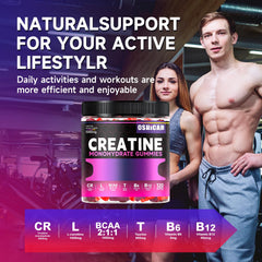 OSHICAR Creatine Gummies dietary icons showing vegan and gluten-free formulation