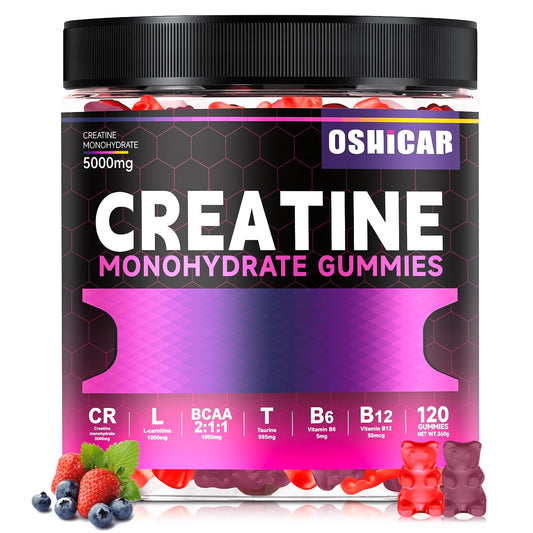 OSHICAR Creatine Gummies Raspberry bottle shown for convenient post-workout support