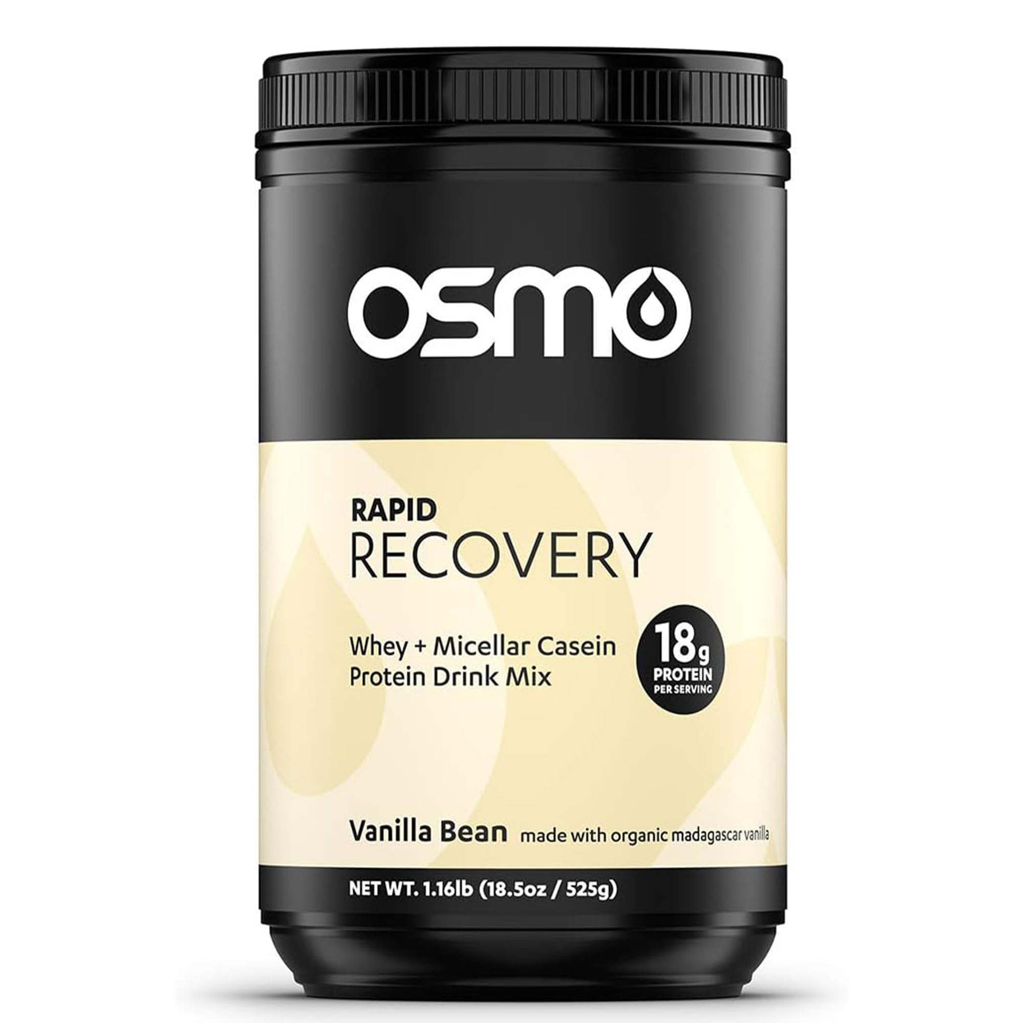 Osmo Rapid Recovery vanilla powder tub on display, emphasizing whole-food ingredients