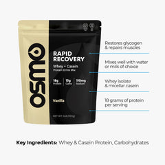 Osmo Rapid Recovery whey-casein blend scoop signaling quick mix for refueling