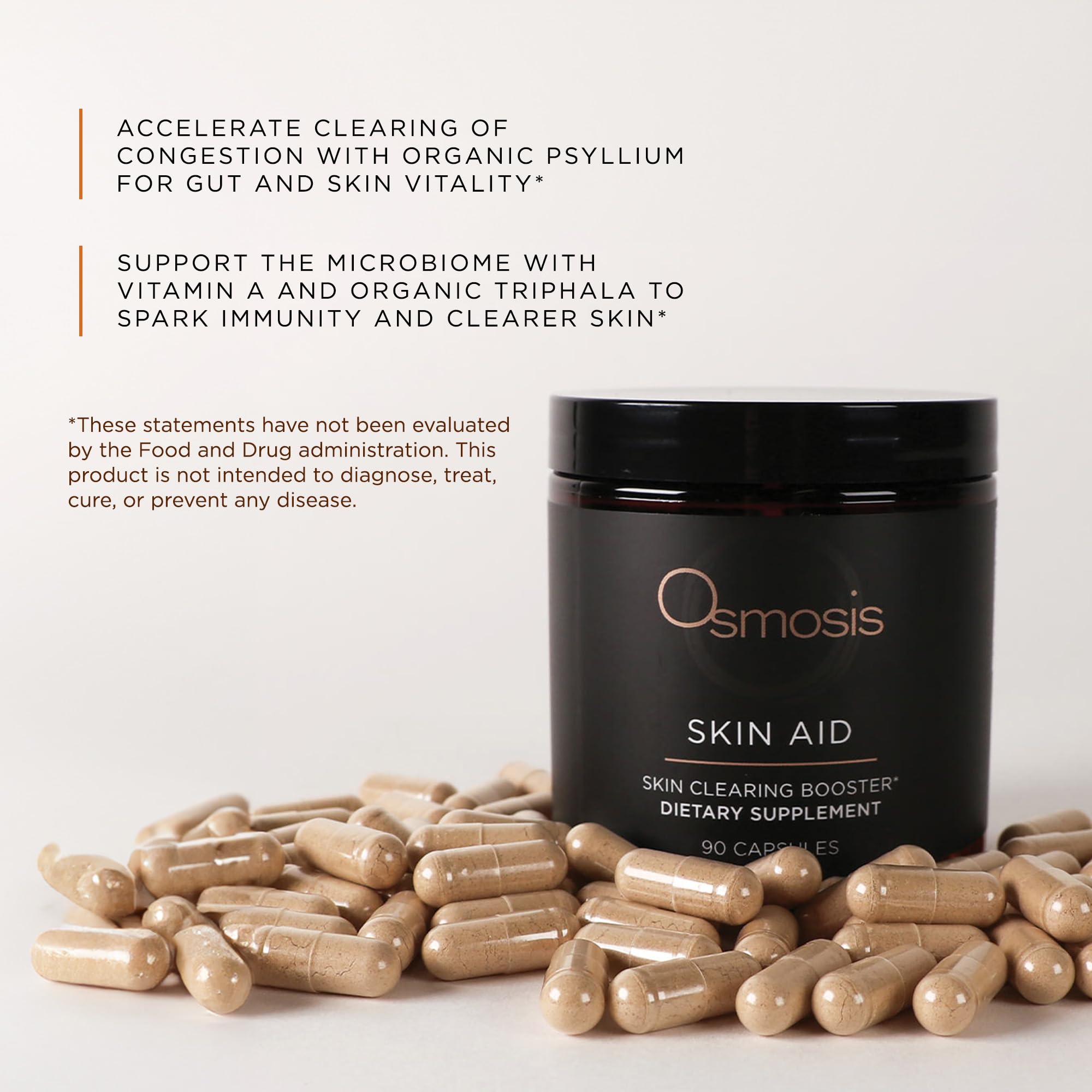 Close up of OSMOSIS Skin Aid label highlighting Organic Triphala and Beta-Carotene