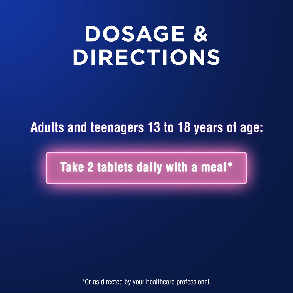 Ostelin Teen use imagery showing two-tablet daily serving for 13+