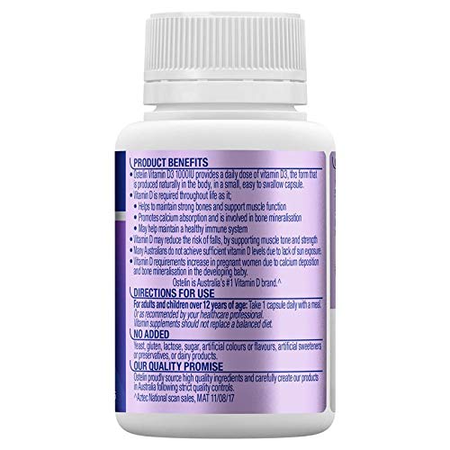 Ostelin Vitamin D3 1000IU label details, gluten and lactose-free formula disclosed.