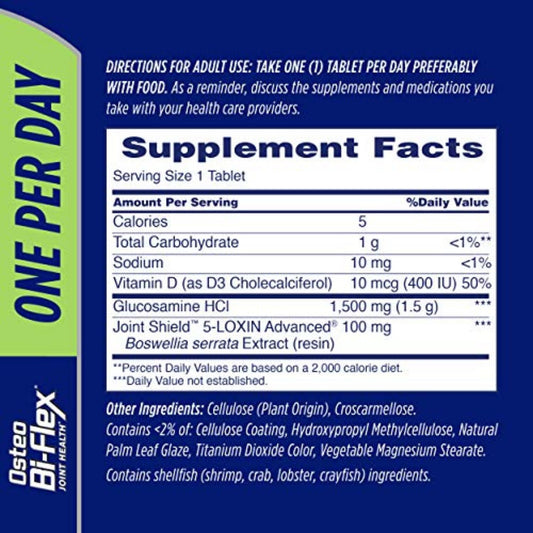 Osteo Bi-Flex bottle label closeup showing vitamin D and glucosamine benefits.