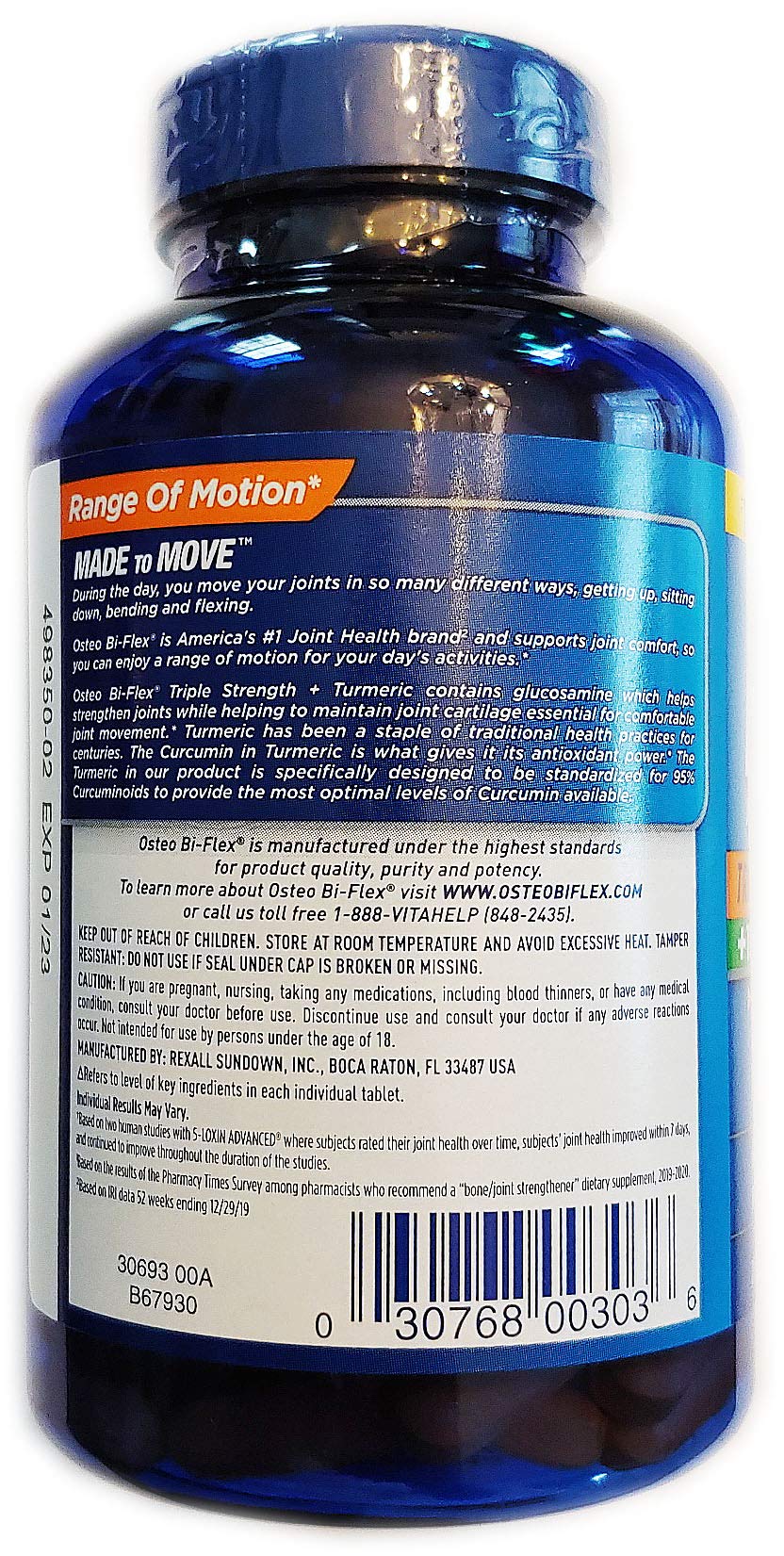 Osteo Bi-Flex label packaging emphasizing glucosamine and turmeric.