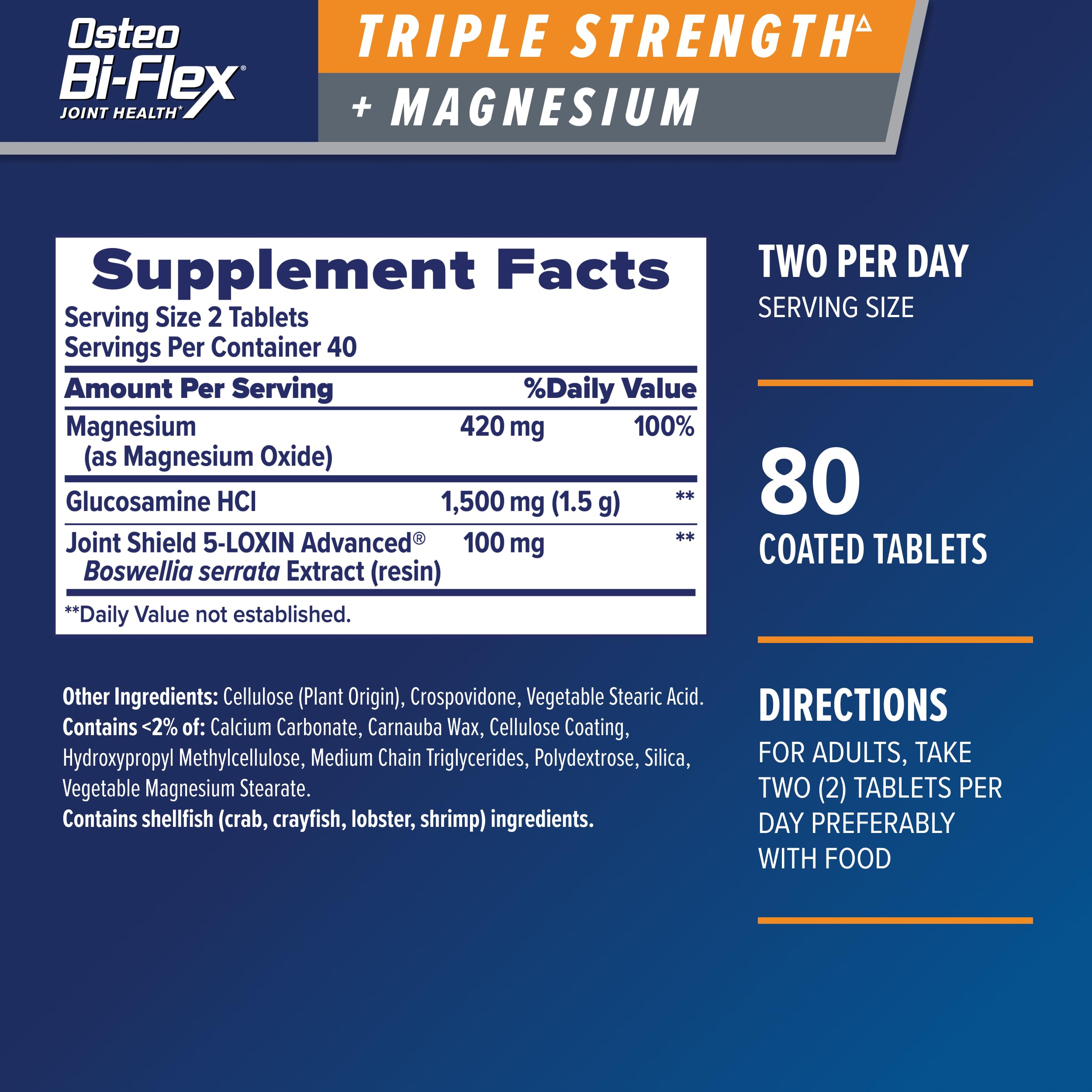 Osteo Bi-Flex bottle label highlights Joint Shield and glucosamine for joint care.