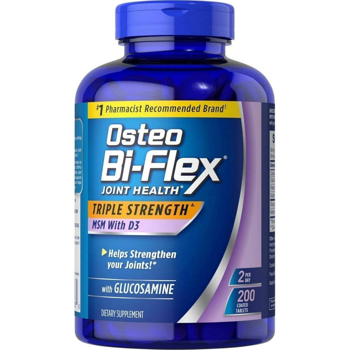 Osteo Bi-Flex triple strength bottle front highlights high potency glucosamine and vitamin D3 for joint support.