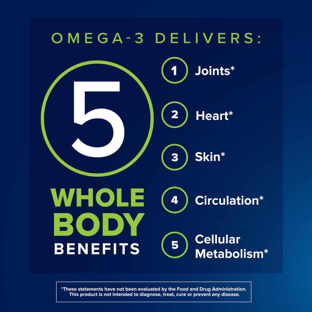 Osteo Bi-Flex Omega-3 softgels close-up showing plant-based omega-3 benefits for joints
