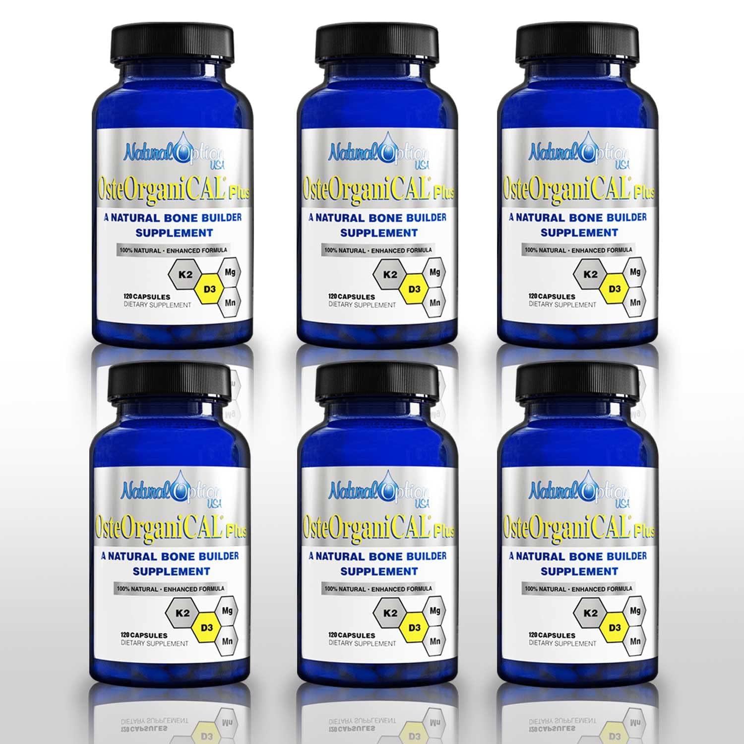 Osteorganical Plus bottle front showing plant-based calcium and minerals for bone support