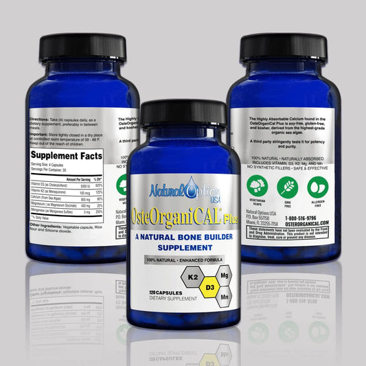 Osteorganical Plus bottle front view with plant-based calcium and D3-K2