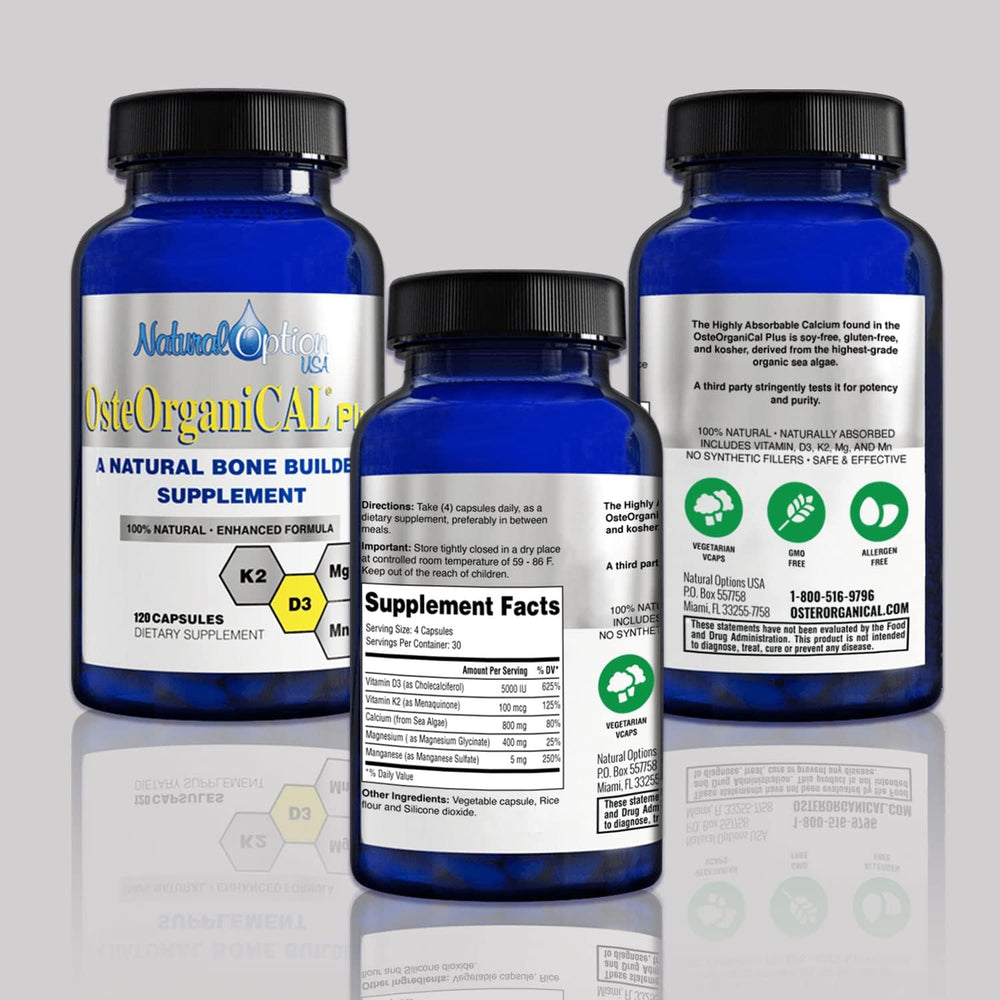Osteorganical Plus bottle label showing magnesium glycinate and manganese for balanced minerals