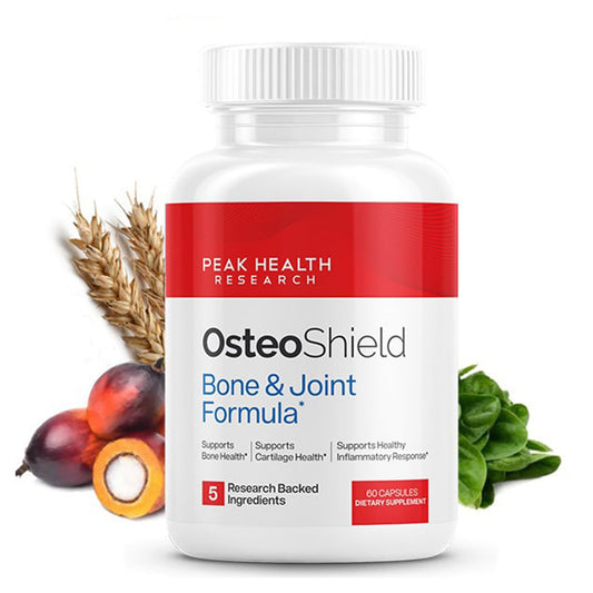 OsteoShield bottle front displaying the bone health formula for daily support