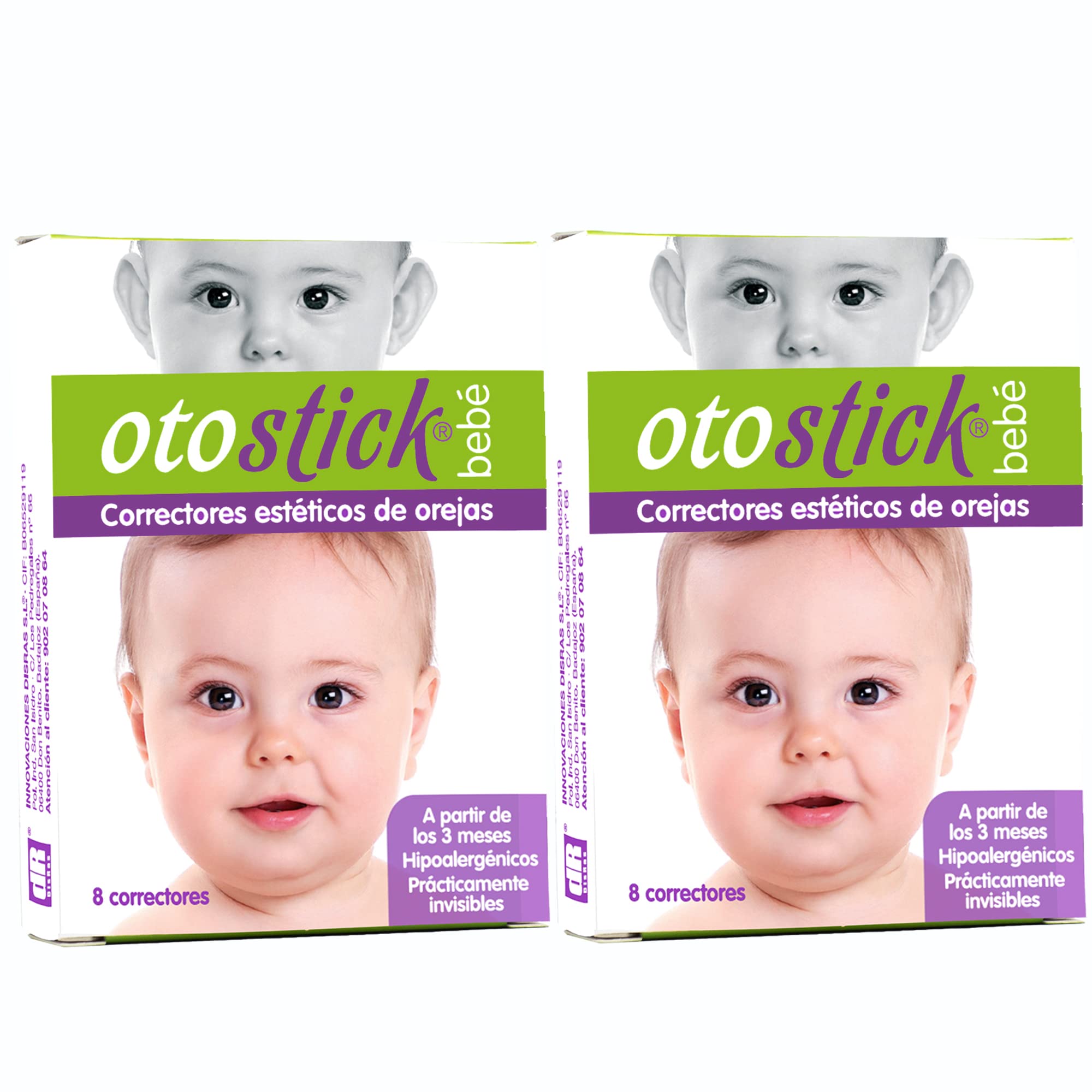 Otostick Baby kit packaging shows 2-pack with 8 correctors for at-home care