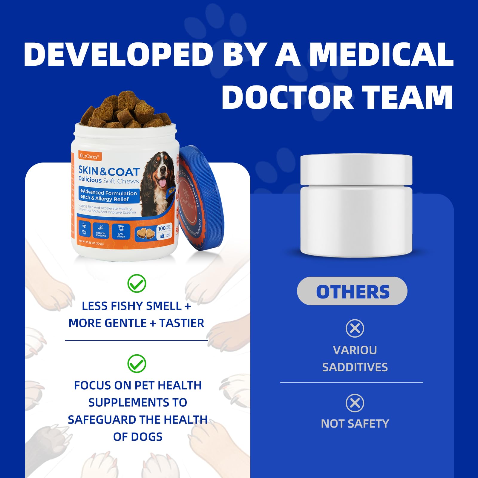 OurCares Omega-3 dog glossy coat indicates hydration and healthy fur.