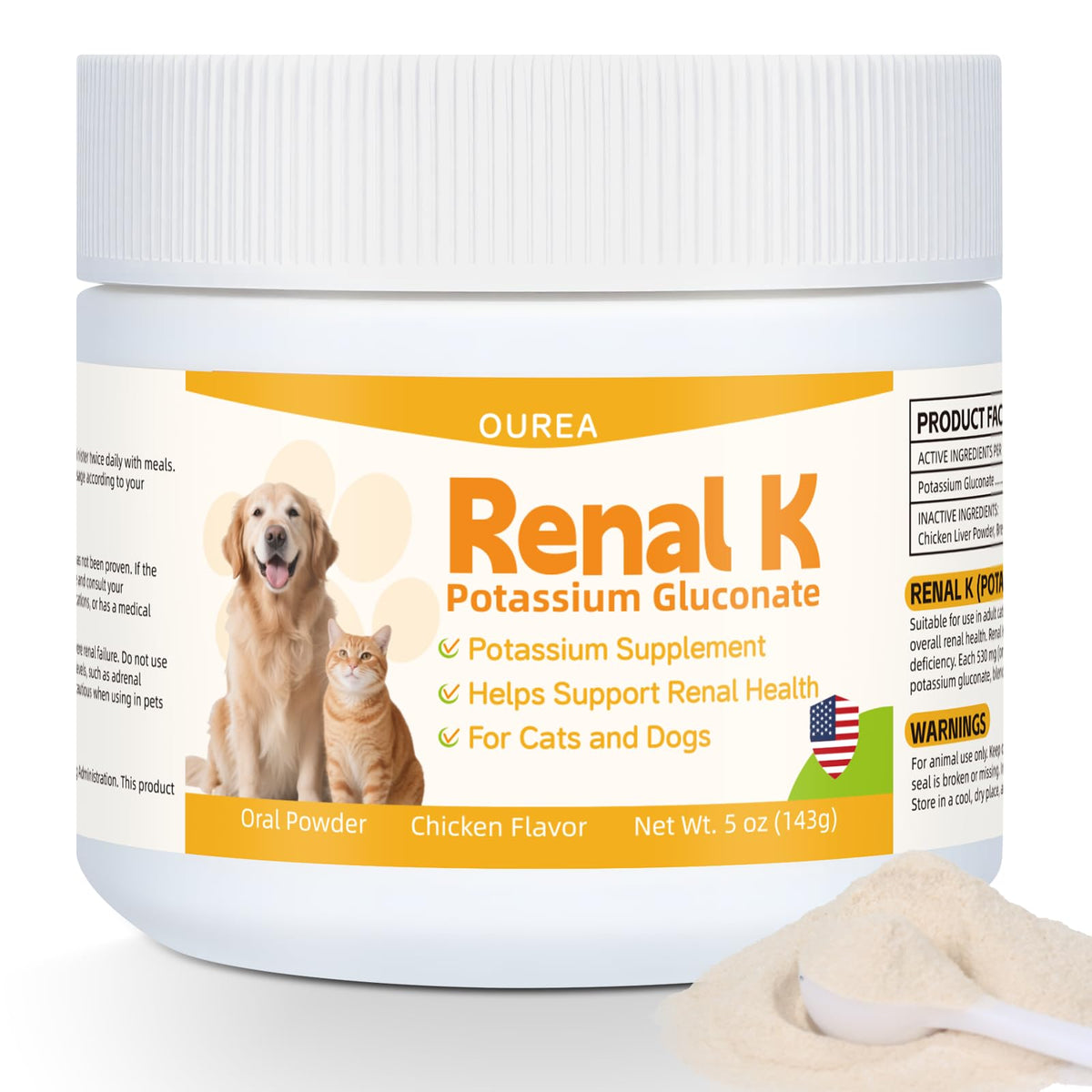 Ourea Renal K powder in a dog bowl for easy potassium support.
