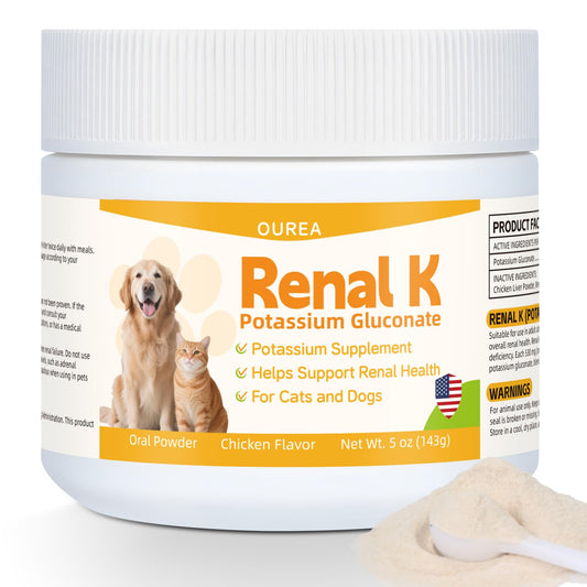 Ourea Renal K powder in a dog bowl for easy potassium support.