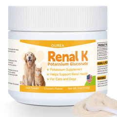 Ourea Renal K powder in a dog bowl for easy potassium support.