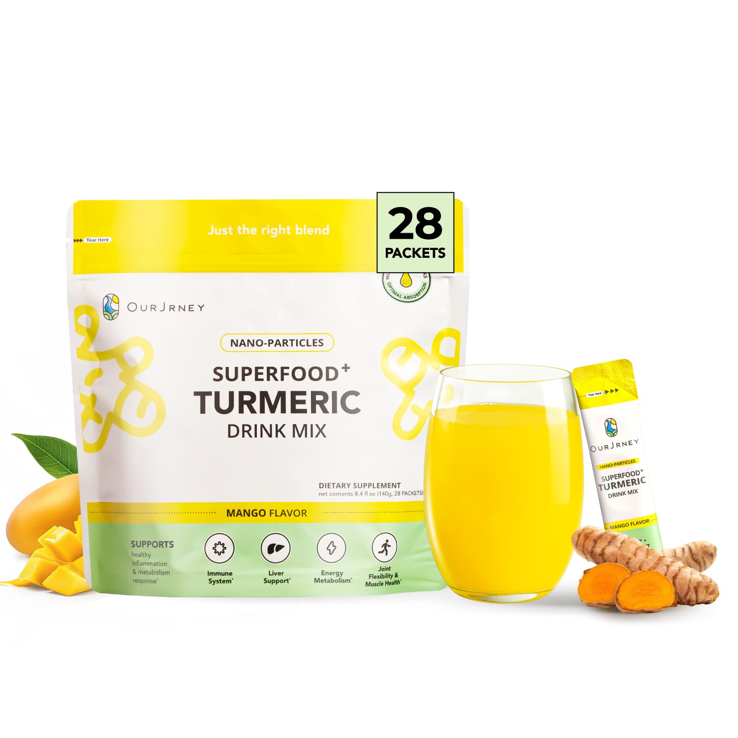 OurJrney nano-turmeric drink mango packet ready to mix for a refreshing morning.