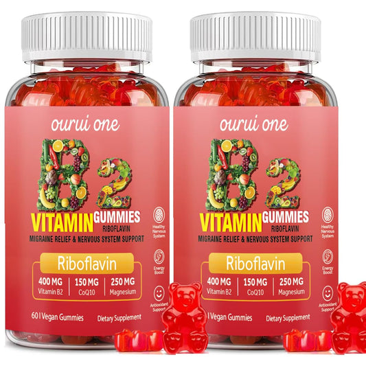 ourui one vitamin b2 gummies bottle front, vegan energy support for daily use.