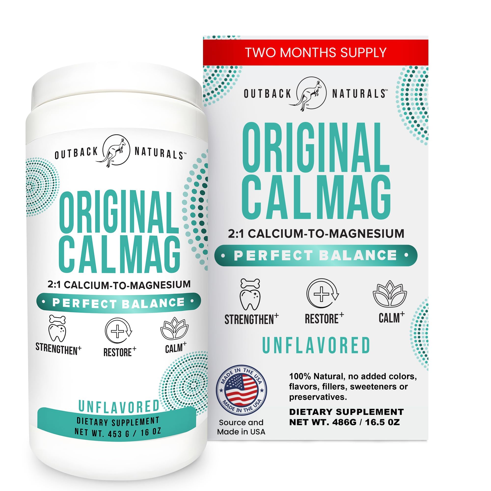 Outback Naturals 2:1 calcium-magnesium ratio powder ready to dissolve for quick hydration.