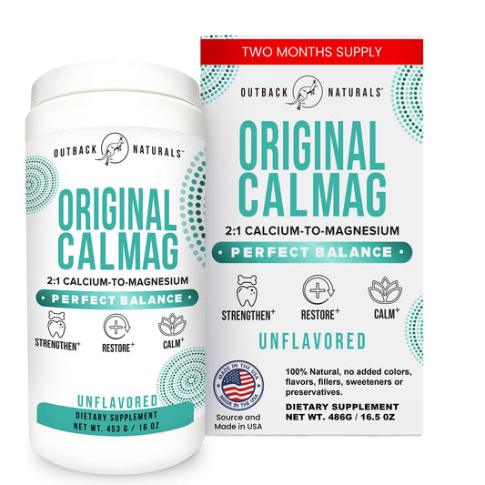 Outback Naturals 2:1 calcium-magnesium ratio powder ready to dissolve for quick hydration.