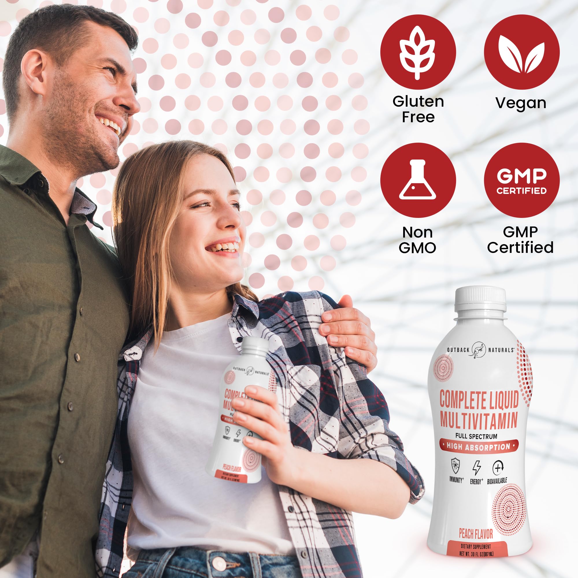 Outback Naturals Complete Liquid Multivitamin peach flavor image conveys tasty, sugar-free taste