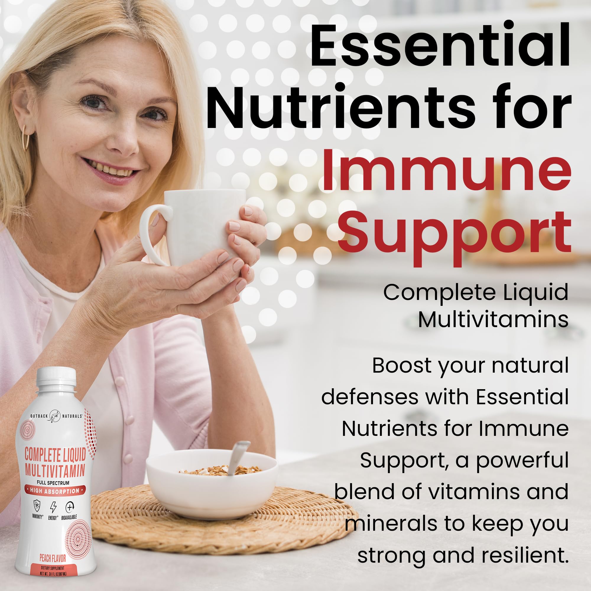 Outback Naturals Complete Liquid Multivitamin spoon dispense shows easy serving for adults and seniors
