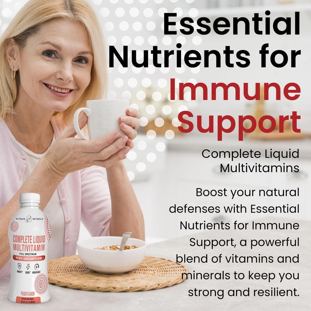 Outback Naturals Complete Liquid Multivitamin spoon dispense shows easy serving for adults and seniors