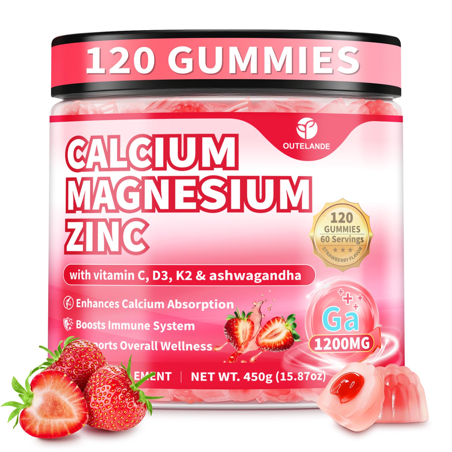 OUTELANDE Calcium Citrate Gummies bottle front, showcasing daily calcium support for active adults