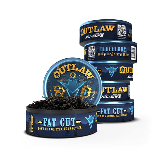 Outlaw Dip Backwoods Blueberry tin open shows rich flavor for on-the-go enjoyment.