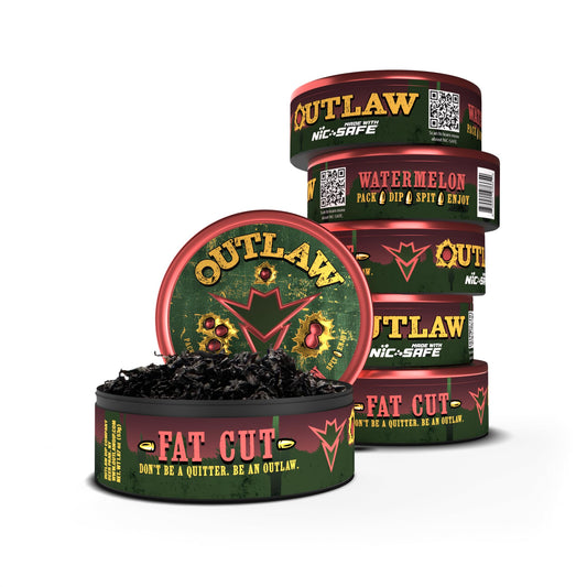 Outlaw Dip Wild Watermelon Fat Cut can front view showing tobacco-free, flavorful chew.