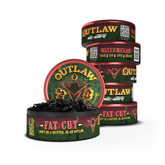 Outlaw Dip Wild Watermelon Fat Cut can front view showing tobacco-free, flavorful chew.