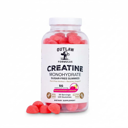 Outlaw Formulas Creatine Monohydrate Gummies jar supports strength and faster recovery between sets