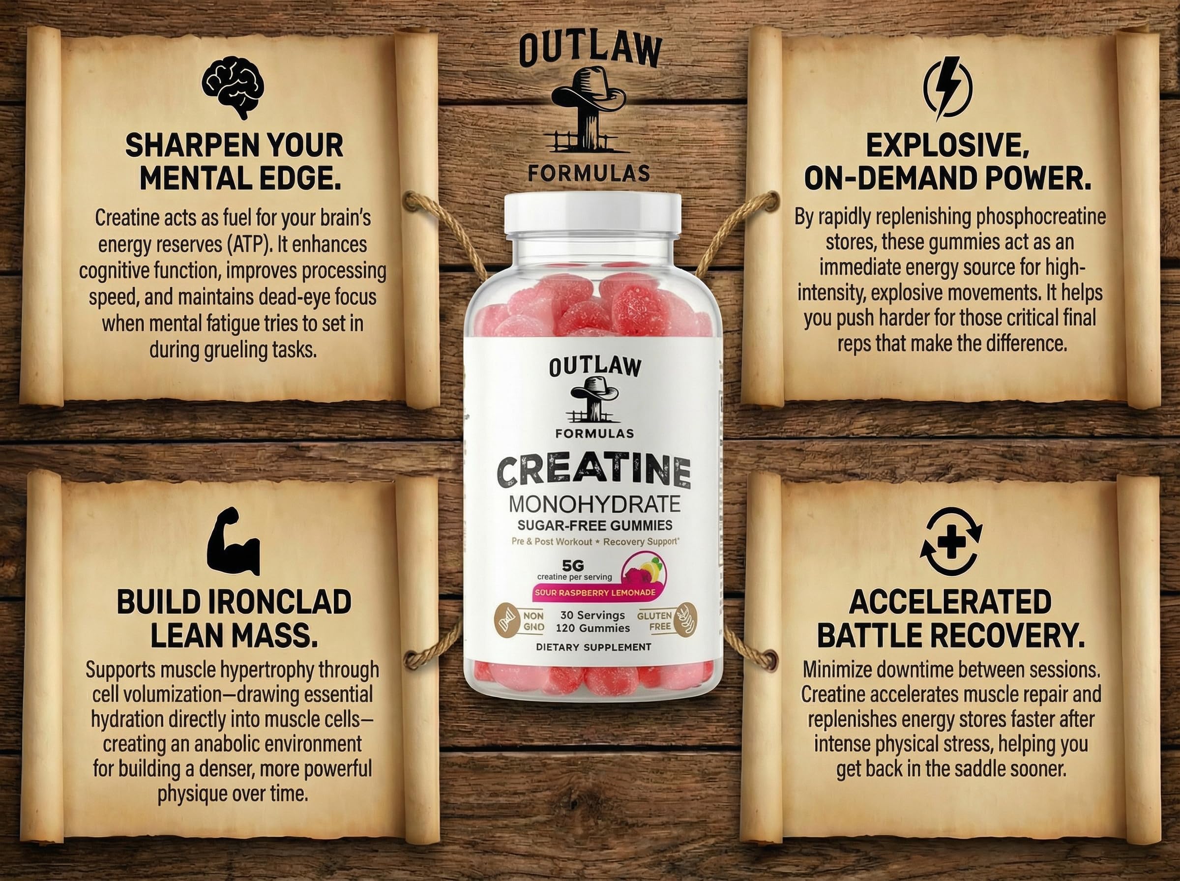 Outlaw Formulas Creatine Monohydrate Gummies label shows 5g per serving